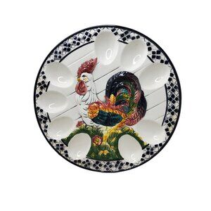 Vintage Colorful Porcelain Rooster Deviled Egg Plate 12" Round CBK Ltd. LLC 1998